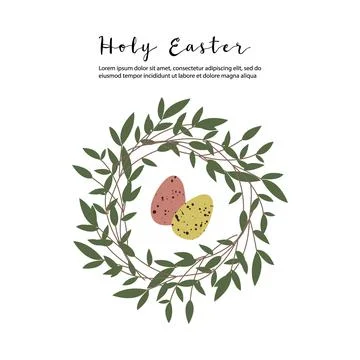 Holy Easter. Cute easter egg, nest, branch and leaves. Eco rustic decoration. Stock Illustration