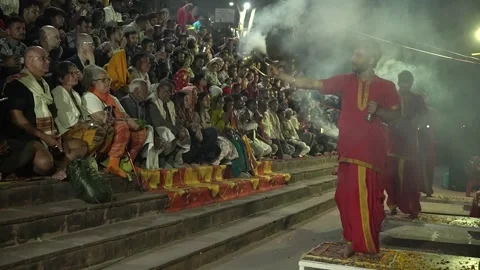 Holy Fire Lamp Aarti Ceremony in Rishikesh India Stock-Footage 337623907