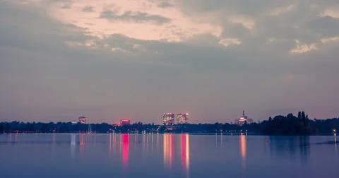 Holy grail sunset timelapse day to night over lake reflecting dusk Stock Footage 44797036