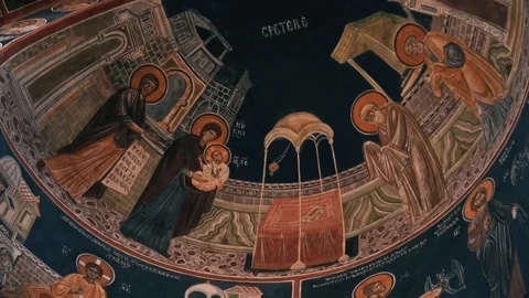 Holy icons drawn on the ceiling in the monastery Vídeo Stock 125256759