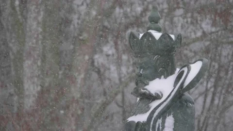 Holy King Stone Statue Outside Buddhist Temple at Snowfall, Medium Shot 動画素材 231850241