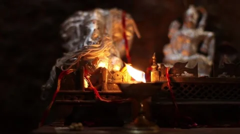 Holy Lamp during the worship of monkey god at Mahavir temple Stock Footage 46465377