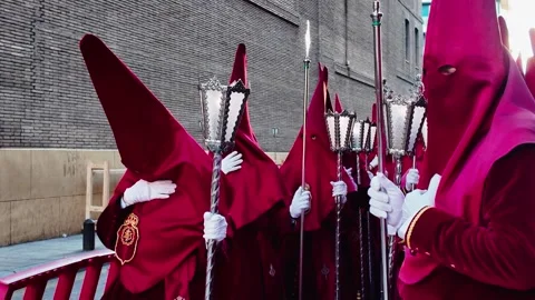 Holy Monday Procession in Murcia Spain Red Robes and Torches Stock Footage 340624407