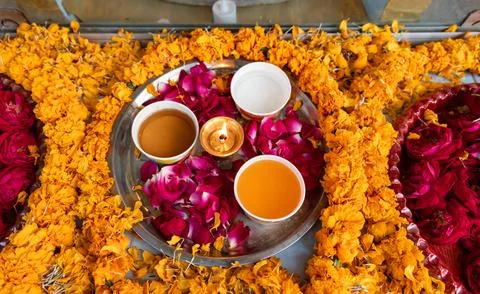 Holy offerings placed by devotee at monastery Фото