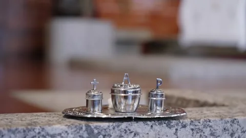 Holy oils set on silver tray in church Stock Footage 305587825