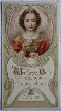 Holy picture whoever eats this bread will live forever communion picture from Stock Illustration