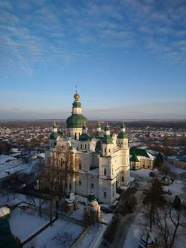 Holy Trinity Cathedral in Chernihiv, winter aerial view, ukrainian architecture Stock Photos
