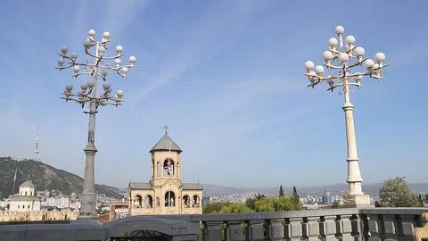 Holy Trinity Cathedral Sameba and Tbilisi cityscape view in Georgia  Stock Photos