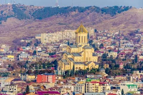 Holy Trinity Cathedral in Tbilisi in winter 2020. Bird's eye view Stock Photos