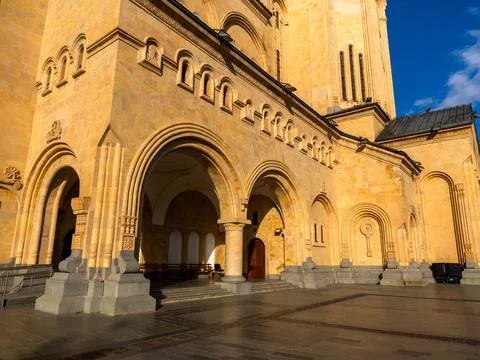 The Holy Trinity Cathedral. Tsminda Sameba, around area at the Georgian Ort.. Stock Photos