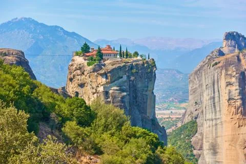 Holy Trinity monastery on the top of cliff in Meteora Stock Photos