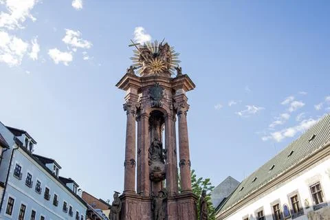 Holy trinity plaque column in Banska Stiavnica.May 2023. Stock Photos