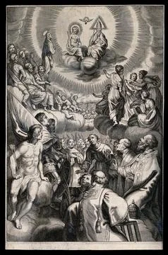 The Holy Trinity with saints. Engraving, 16--. Stock Illustration