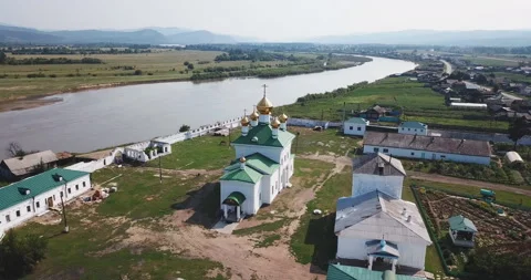 Holy Trinity Selenginsky Monastery flight above helicopter drone. Near Ulan-Ude Stock Footage 115481469