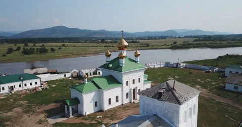 Holy Trinity Selenginsky Monastery flight above helicopter drone. Near Ulan-Ude Stock Footage 115481756