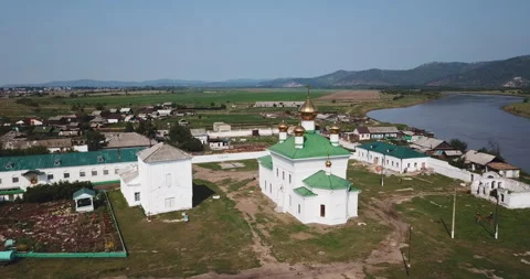 Holy Trinity Selenginsky Monastery flight above helicopter drone. Near Ulan-Ude Stock Footage 115482444