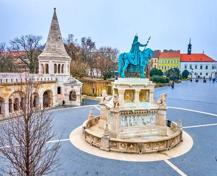 Holy Trinity Square with St Stephen statue, Budapset, Hungary 스톡 사진