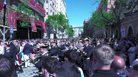 Holy Week Band Marching During Procession in Seville Stock Footage 336015192