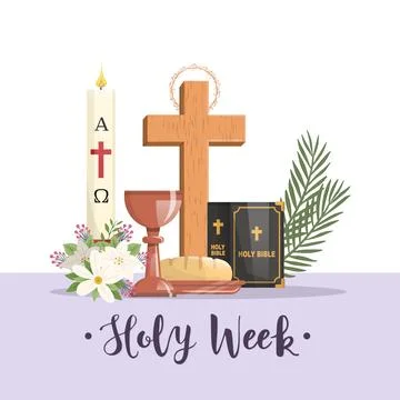 Holy Week. Bread and chalice, cross, palm branches and easter candle Illustrazione stock