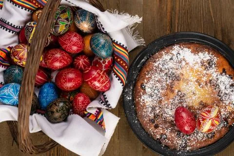 Holy Week Easter Eggs and Pasca, a Romanian Traditional Cake for Easter Stock Photos