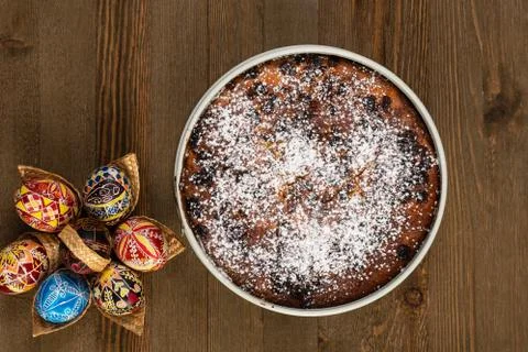 Holy Week Easter Eggs and Pasca, a Romanian Traditional Cake for Easter Stock Photos