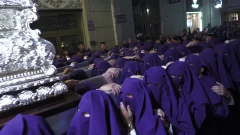 Holy Week Paso Lifted and Carried Through Streets at Night Stock Footage 336025155