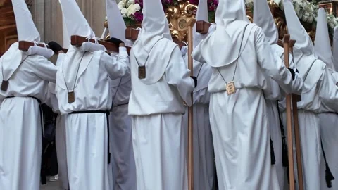 Holy Week Procession in Murcia Spain White Robes Stock Footage 341674115