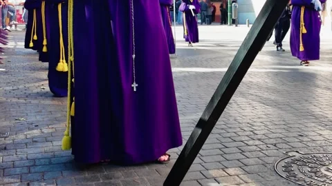 Holy Week Procession in Murcia Spain Purple Robes and Yellow Cords Stock Footage 341674169