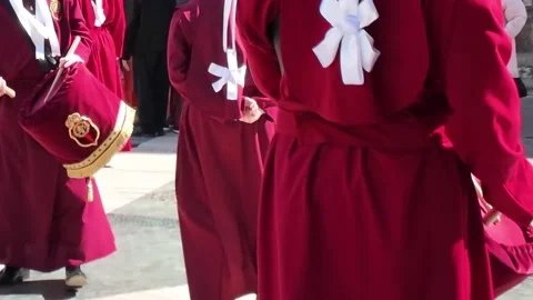 Holy Week Procession Penitents in Red Robes Playing Drums, Spain Traditions 스톡 동영상 331720741