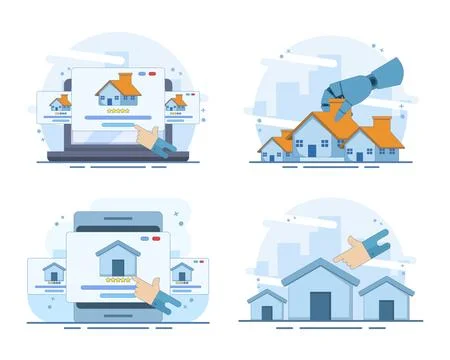 Home affordability set featuring house selection, budget planning. Stock Illustration