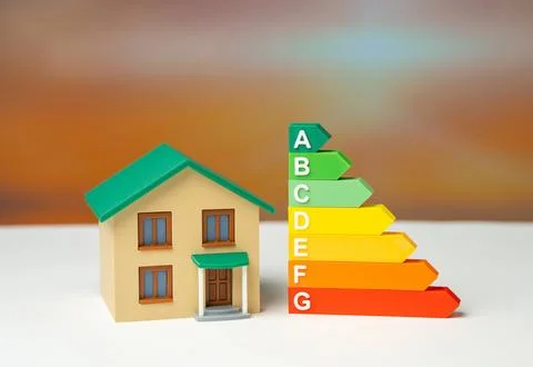 Home and the efficiency scale. Smart systems, insulation, and renewable ene.. Stock Photos