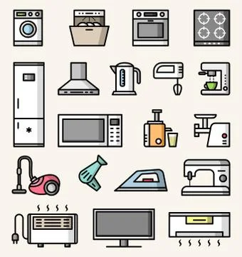 Home and kitchen appliances vector colorful icons set Illustrazione stock