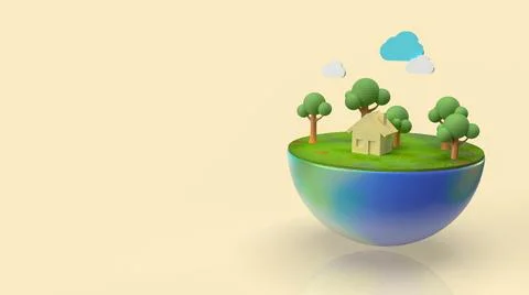 The home and tree on half earth for ecology content 3d Stock Illustration