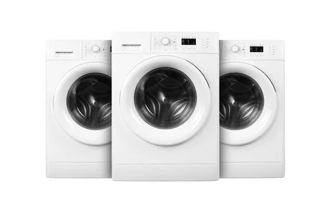 Home appliance - Front view three Washing machine. Isolated Stock Photos