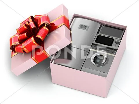 Home appliance in gift box with ribbons and bow. Stock Illustration