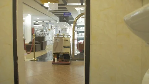 Home appliance store view through the door Stock Footage 97512698
