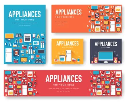 Home appliances cards set. Electronics template of flyear, magazines, posters Illustrazione stock