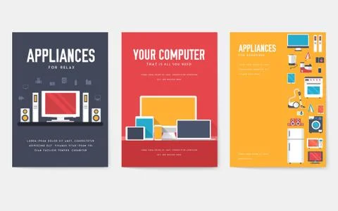Home appliances cards set. Electronics template of flyear, magazines, posters Stock Illustration