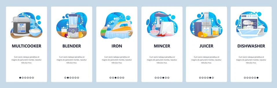 Home appliances kitchen electronics. Mobile app onboarding screens, vector Stock Illustration