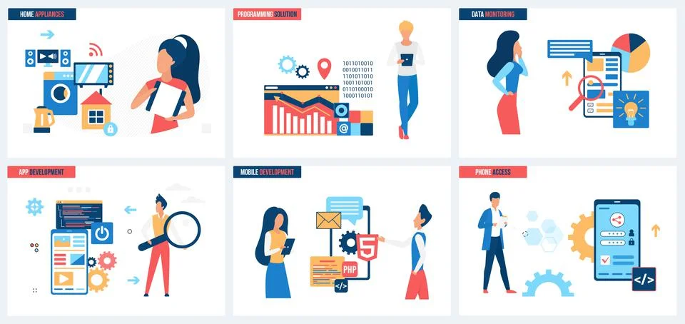Home appliances, mobile app programming and development, data monitoring and Illustrazione stock