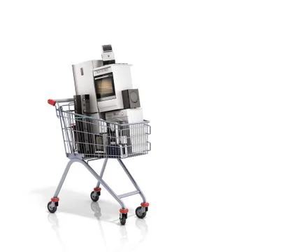 Home appliances in the shopping cart E-commerce or online shopping concept 3d Stock Illustration
