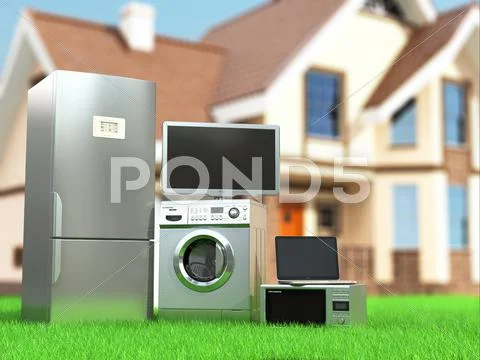 Home appliances. tv, refrigerator, microwave, laptop and washing maching. Stock Illustration