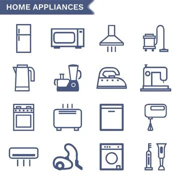 Home appliances vector line icon set on white background. Set of 16 vector .. Stock Illustration