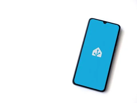 Home Assistant app launch screen on smartphone on white background Stock Photos