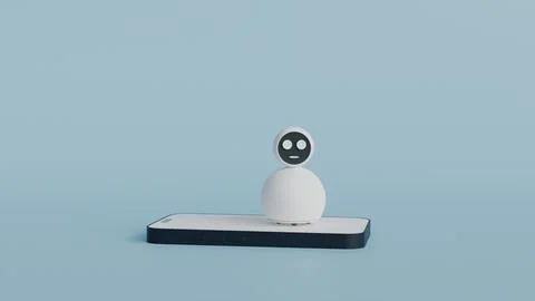 Home assistant robot with face screen standing on phone on light blue backg.. 스톡 일러스트