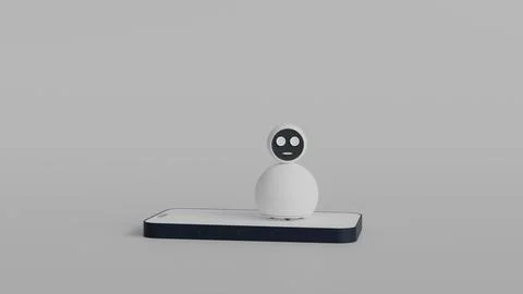 Home assistant robot with face screen standing on phone on white background.. Ilustración de archivo