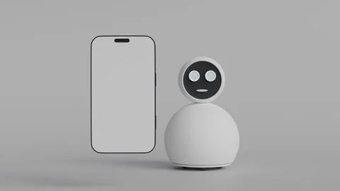 Home assistant robot with face screen standing next to phone and white scre.. Ilustración de archivo