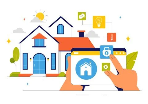 Home Automation Vector Illustration featuring a Smart Home Controlled via S.. Stockillustratie