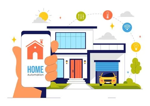 Home Automation Vector Illustration featuring a Smart Home Controlled via S.. Stock Illustration