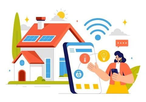 Home Automation Vector Illustration featuring a Smart Home Controlled via S.. Stockillustratie